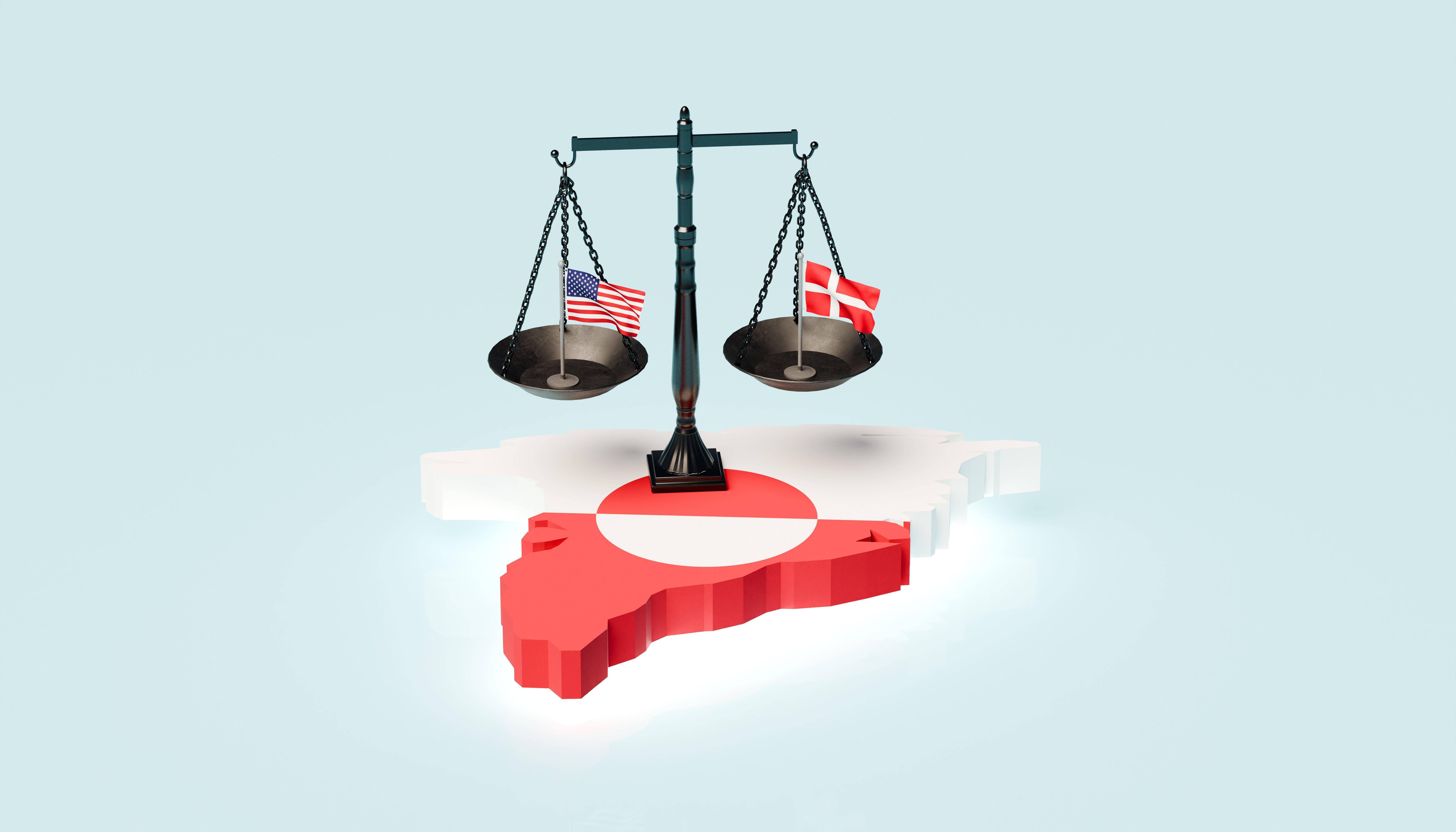  ميزان عدالة أسود يتوسّط صورة ثلاثية الأبعاد فوق خريطة غرينلاند الملوّنة بالأحمر والأبيض، وعلى كفّتي الميزان علم الولايات المتحدة الأميركية من جهة، وعلم الدنمارك من جهة أخرى، في خلفية فاتحة بسيطة ترمز إلى المقارنة أو الموازنة بين الطرفين حول وضع الجزيرة.