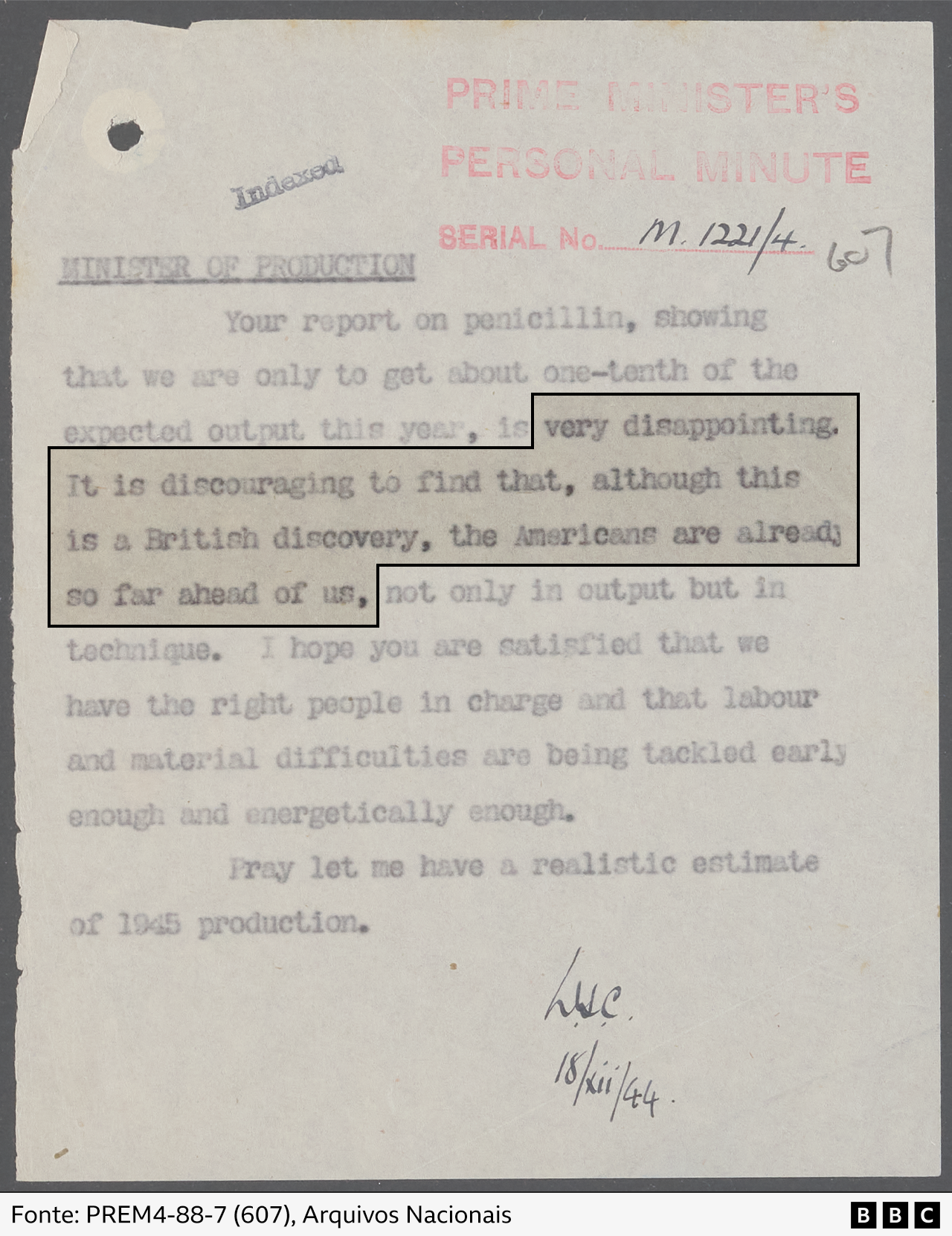 Nota datilografada de Churchill ao ministro da produção sobre a falta de penicilina no Reino Unido em comparação com os EUA