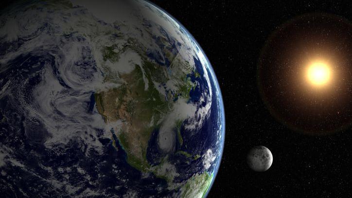 Ilustração do planeta Terra, da Lua e do Sol