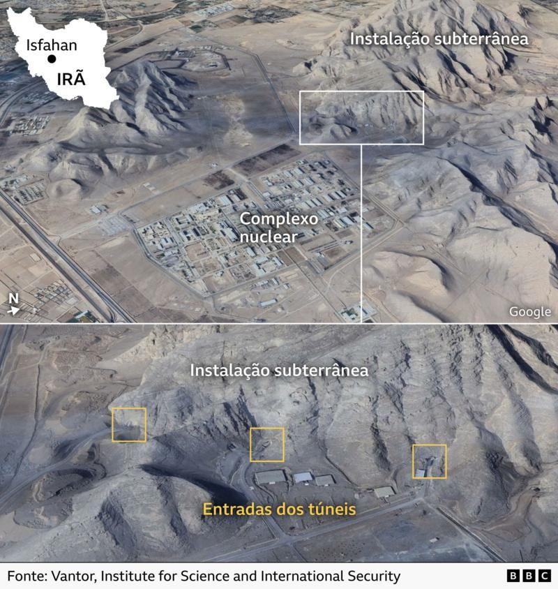 A imagem mostra o complexo nuclear de Isfahan, com anota&ccedil;&otilde;es adicionadas pela BBC para indicar as entradas de t&uacute;neis