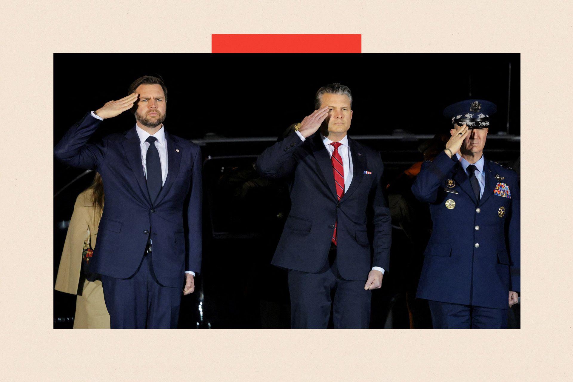 경례하는 JD 밴스 부통령, 피트 헤그세스 국방장관 , 댄 케인 합참의장 