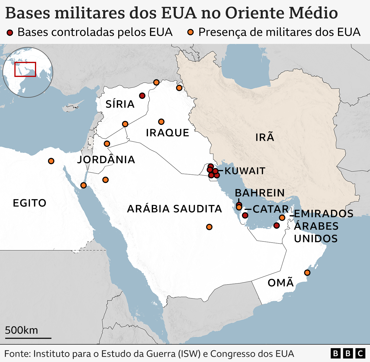 Gráfico mostra o mapa das bases militares dos EUA no Oriente Médio. 