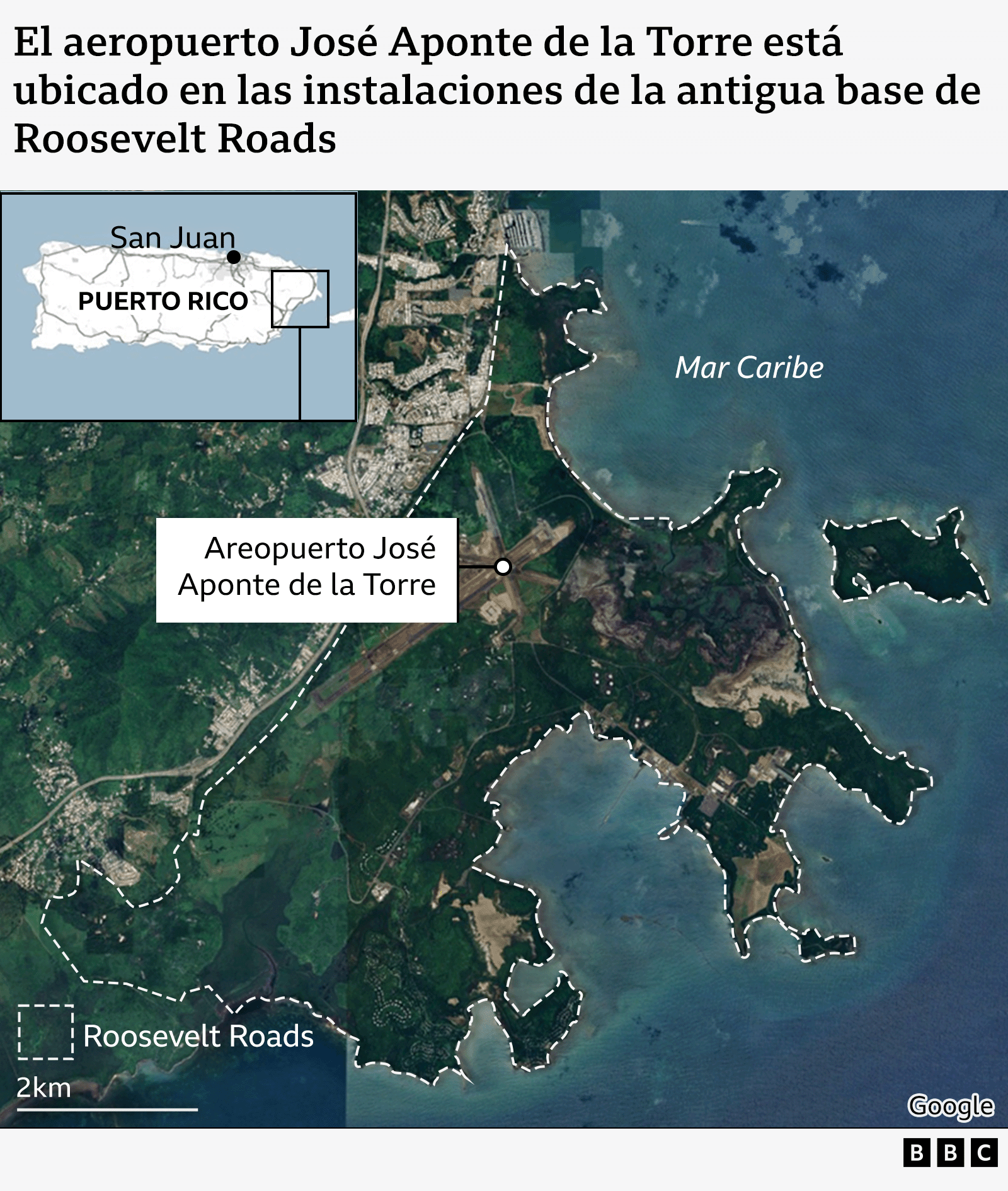 Mapa de Puerto Rico que muestra la ubicación de la antigua base Roosevetl Roads, en el este de la isla.