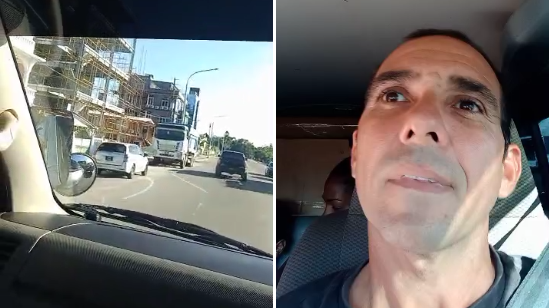 Montagem mostra caminho na Guiana e rosto de Evelio em carro