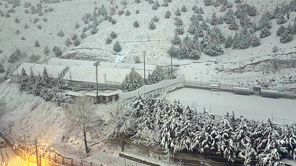 Casas y árboles cubiertos de nieve en Irán
