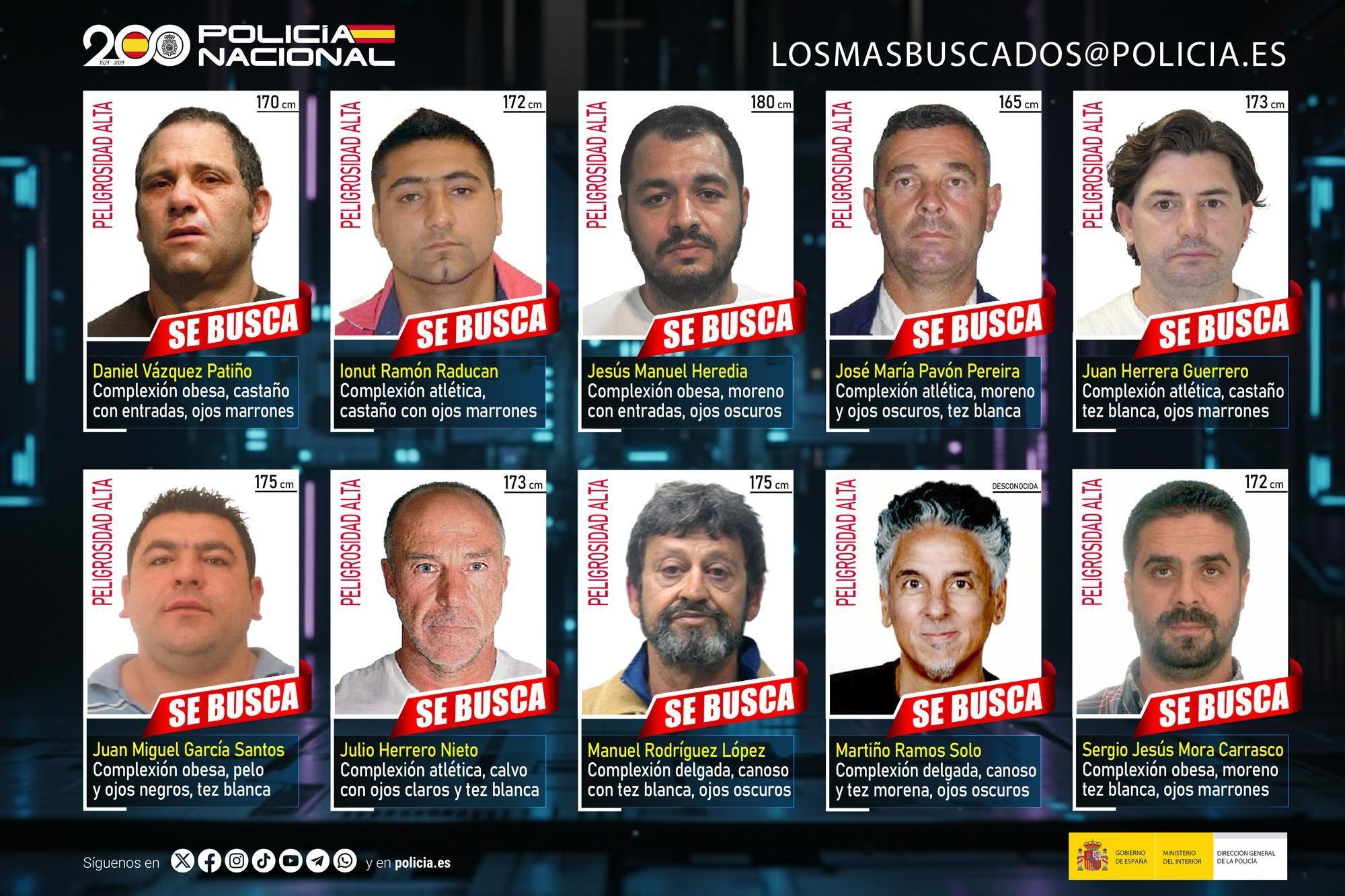 Las imágenes públicadas por la Policía Nacional de los 10 fugitivos más buscados. Ramos Soto es el segundo desde la izq en la columna inferior