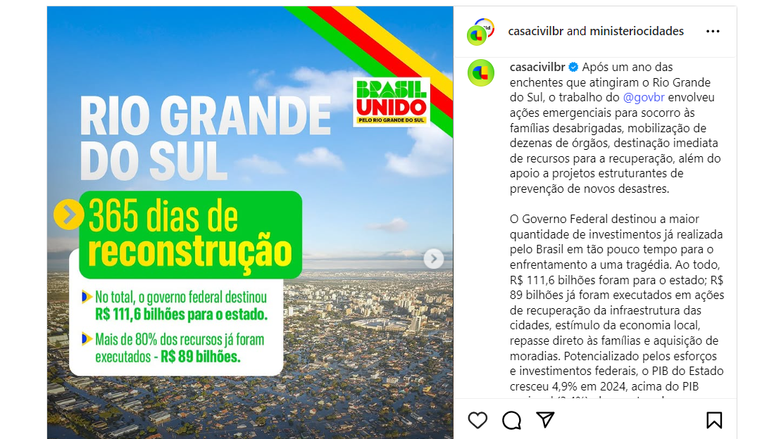 Reprodução de post da Casa Civil no Instagram sobre ações do governo federal no Rio Grande do Sul