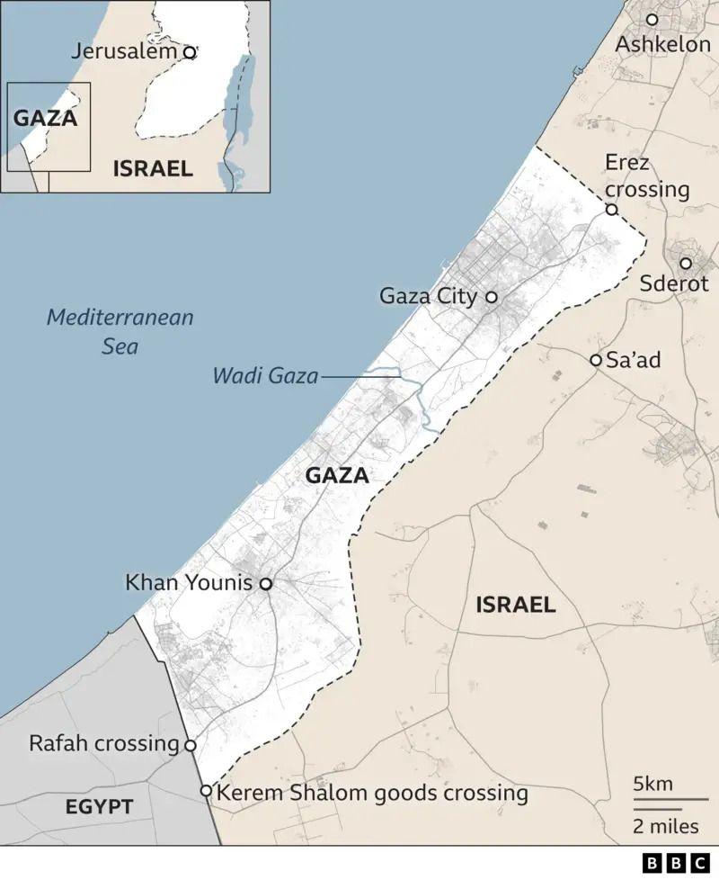 A map showing where Gaza is, as well as Egypt and Israel