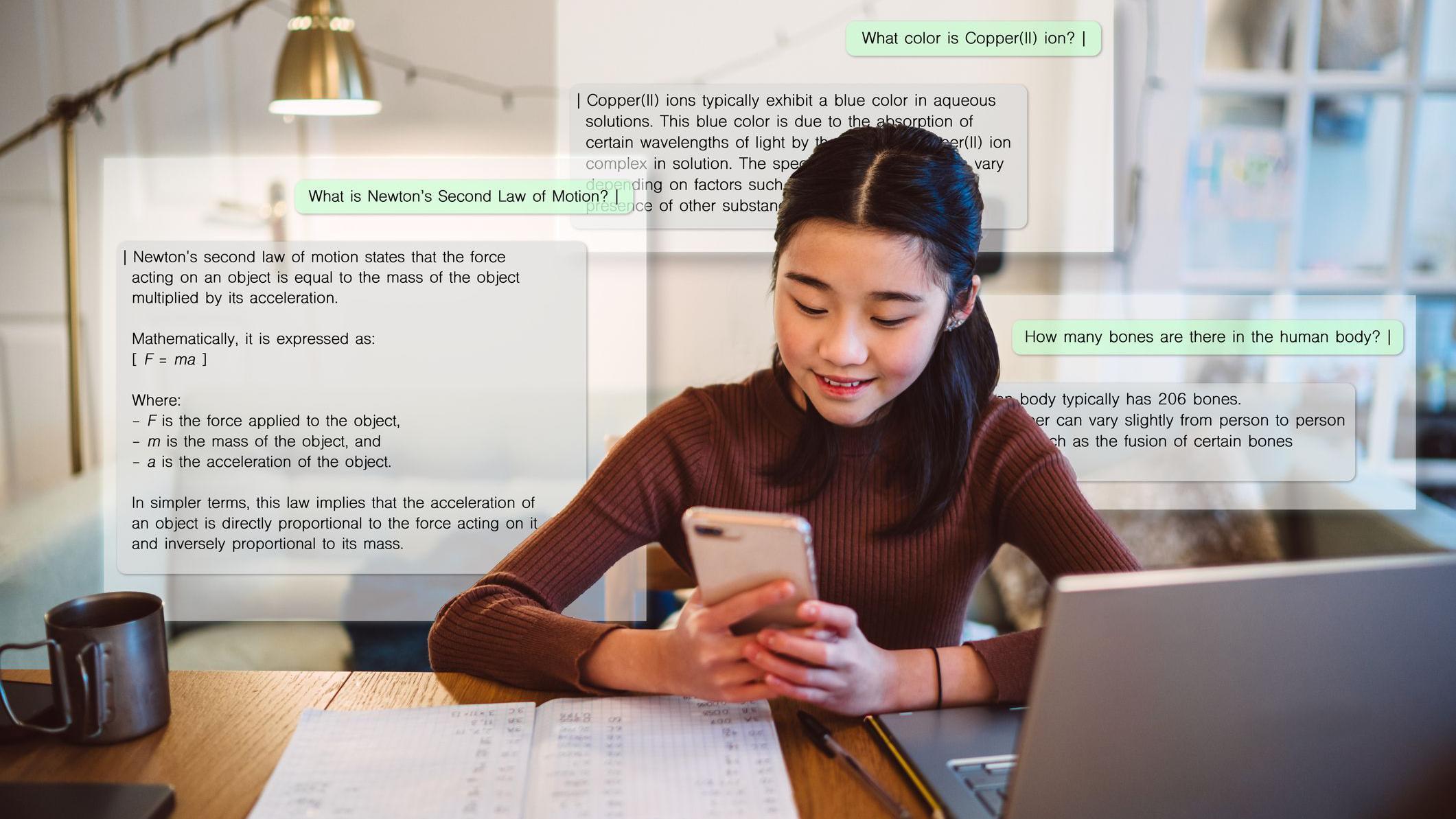 "هلاوس" الذكاء الاصطناعي، ما أسبابها؟ وهل يمكن التغلب عليها؟ 2 فتاة تتفاعل مع روبوت دردشة، حيث تنظر إلى هاتفها المحمول وتظهر في الخلفية الأسئلة التي تطرحها على الروبوت، والإجابات التي يقدمها لها