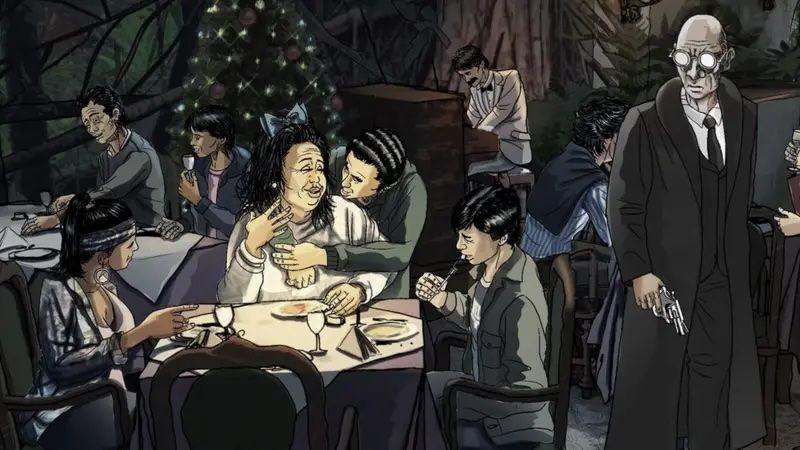 Una ilustración en la que se ve a varias familias festejando en el restaurante mientras el asesino está parado, vestido de corbata y gabán negro, con un revolver en la mano.