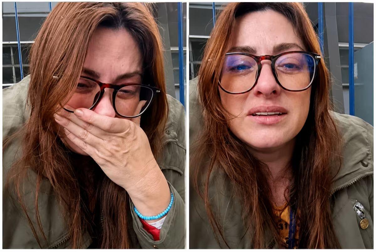 Capturas de tela de v&iacute;deo gravado pela professora Michele Ramos. Ela tem cabelos ruivos e usa &oacute;culos grandes. Aparece chorando nas imagens