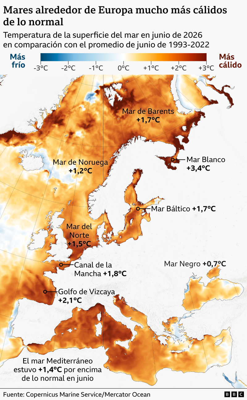 Mapa que muestra cómo ha aumentado la temperatura en distintos mares alrededor del planeta.