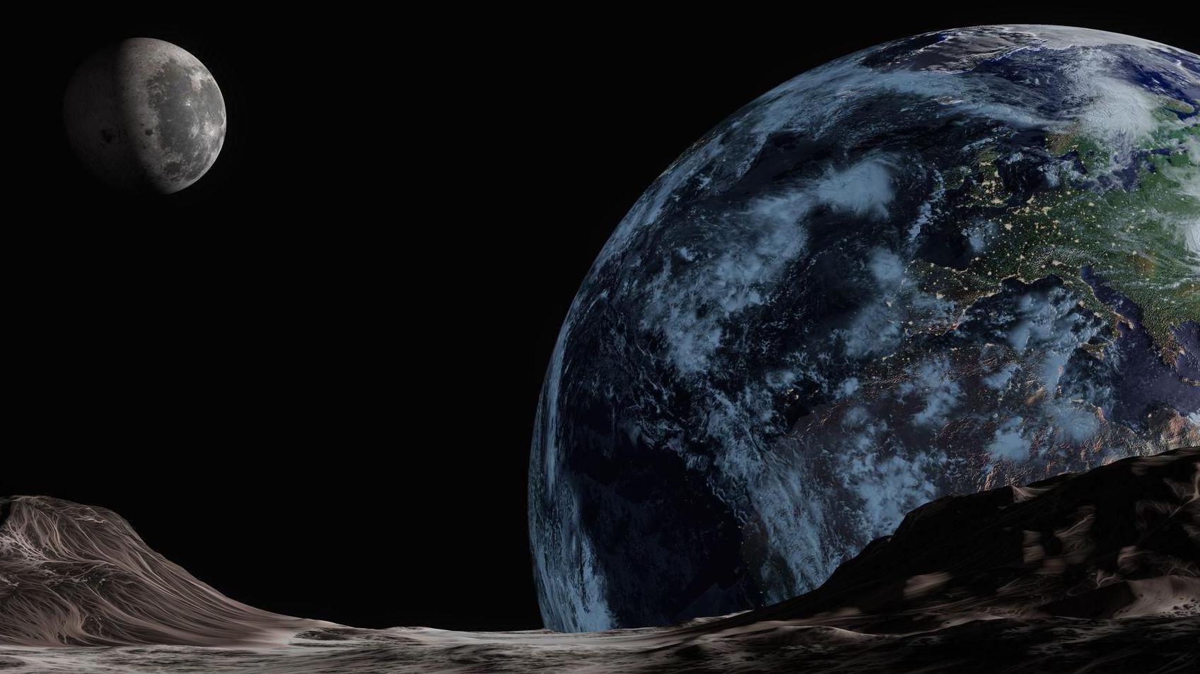 Ilustración artística de cómo se verían la Tierra y la Luna desde un tercer cuerpo celeste en el espacio cercano. Las rocas de este asteroide se pueden ver en primer plano, con la Tierra asomando a la derecha —con los continentes claramente visibles— y la luna como una masa gris más distante en la parte superior derecha.
