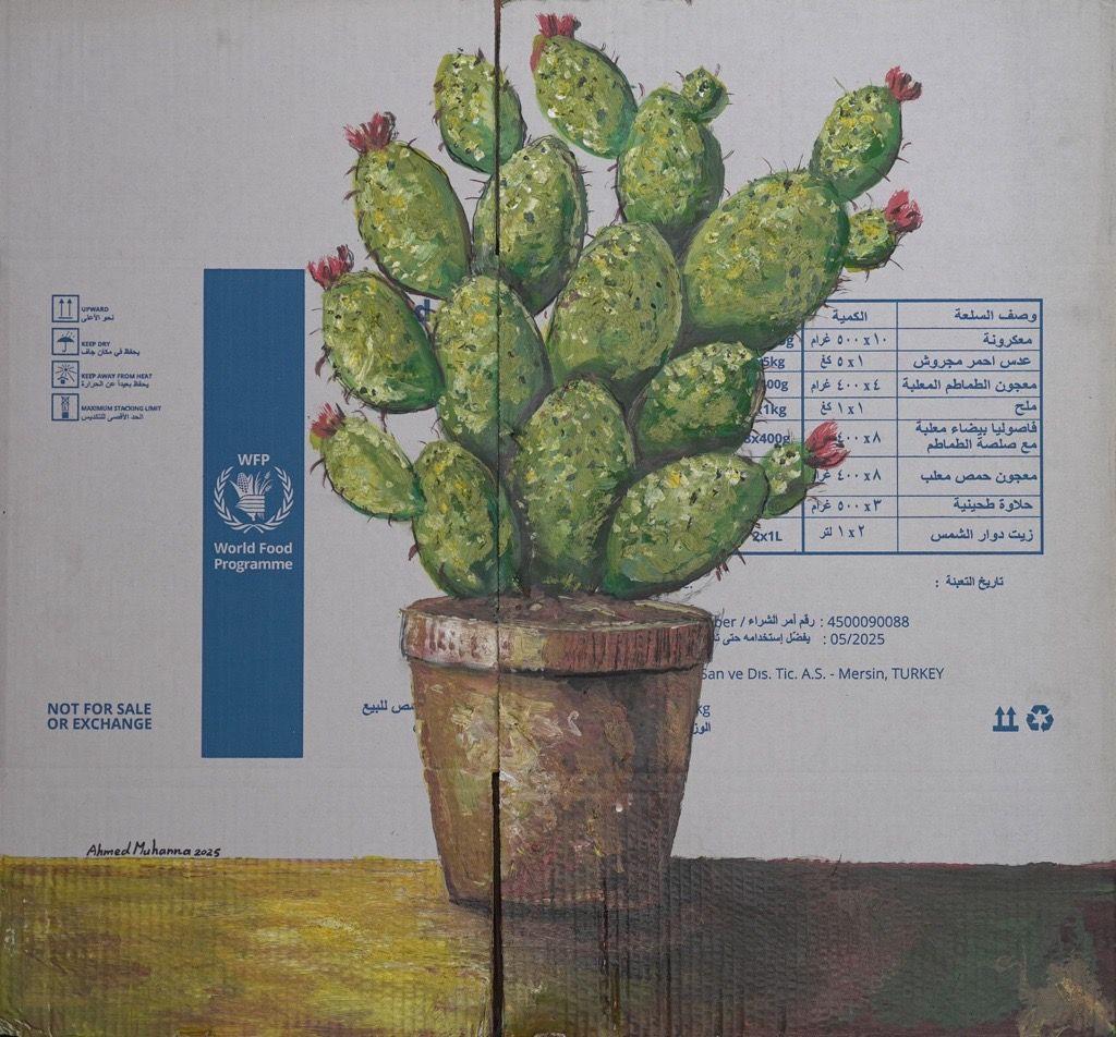 رسم على اللوحة نبتة صبار ملونة بالأخضر في وعاء مخصص للزراعة لونه بني على كرتونة مساعدات.