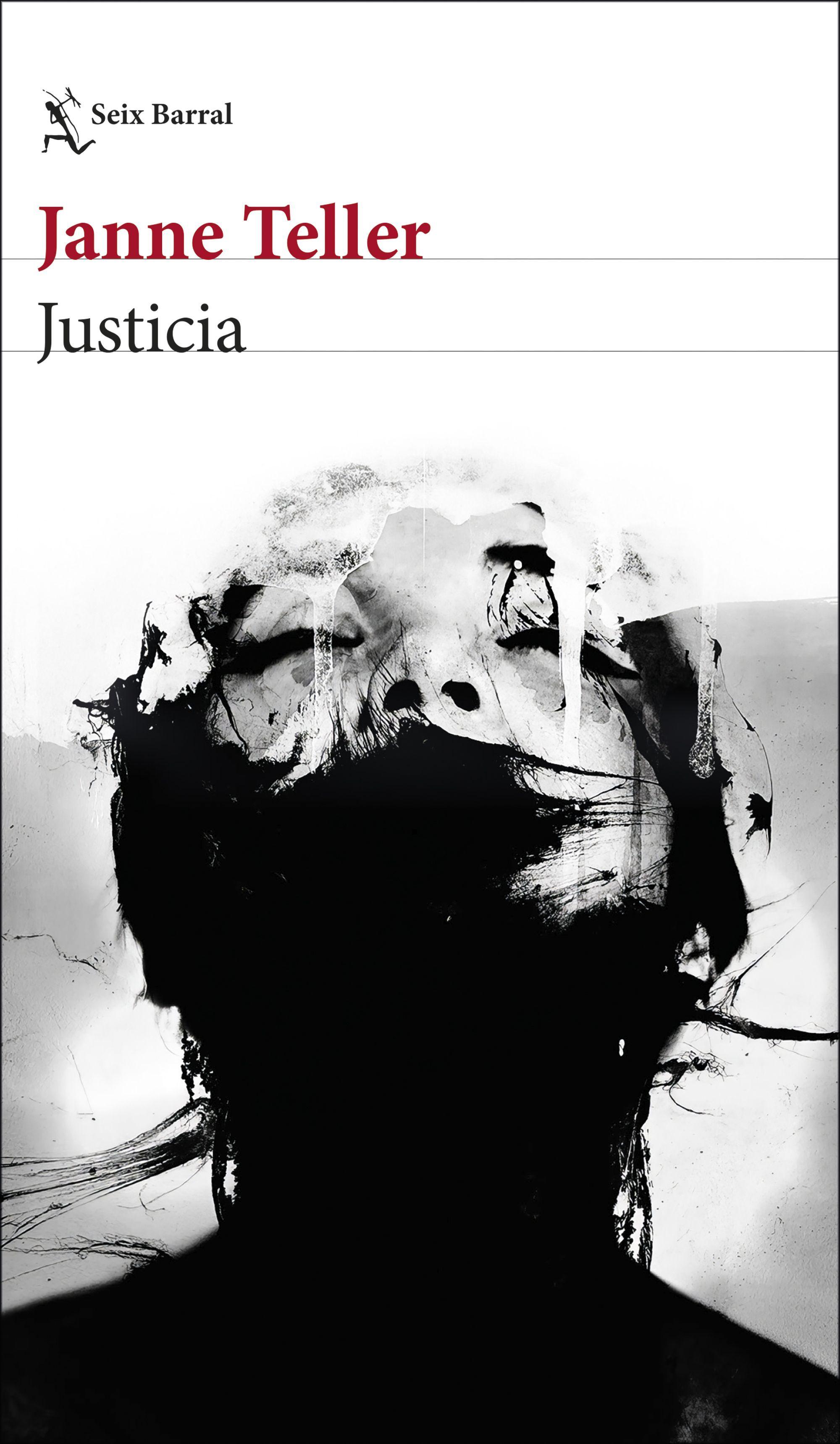 Portada del libro "Justicia". Es en blanco y negro y en ella se ve el rostro y cuello de una mujer, aunque buena parte está en sombra y solo parte de la cara tiene luz.