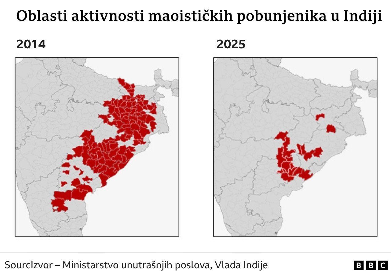 Dve mape Indije, jedna iz 2014. i druga iz 2025. godine. Područja aktivnosti maoističkih pobunjenika su istaknuta na obema, a mape pokazuju kako je broj područja gde deluju značajno opao u poslednjih 11 godina.