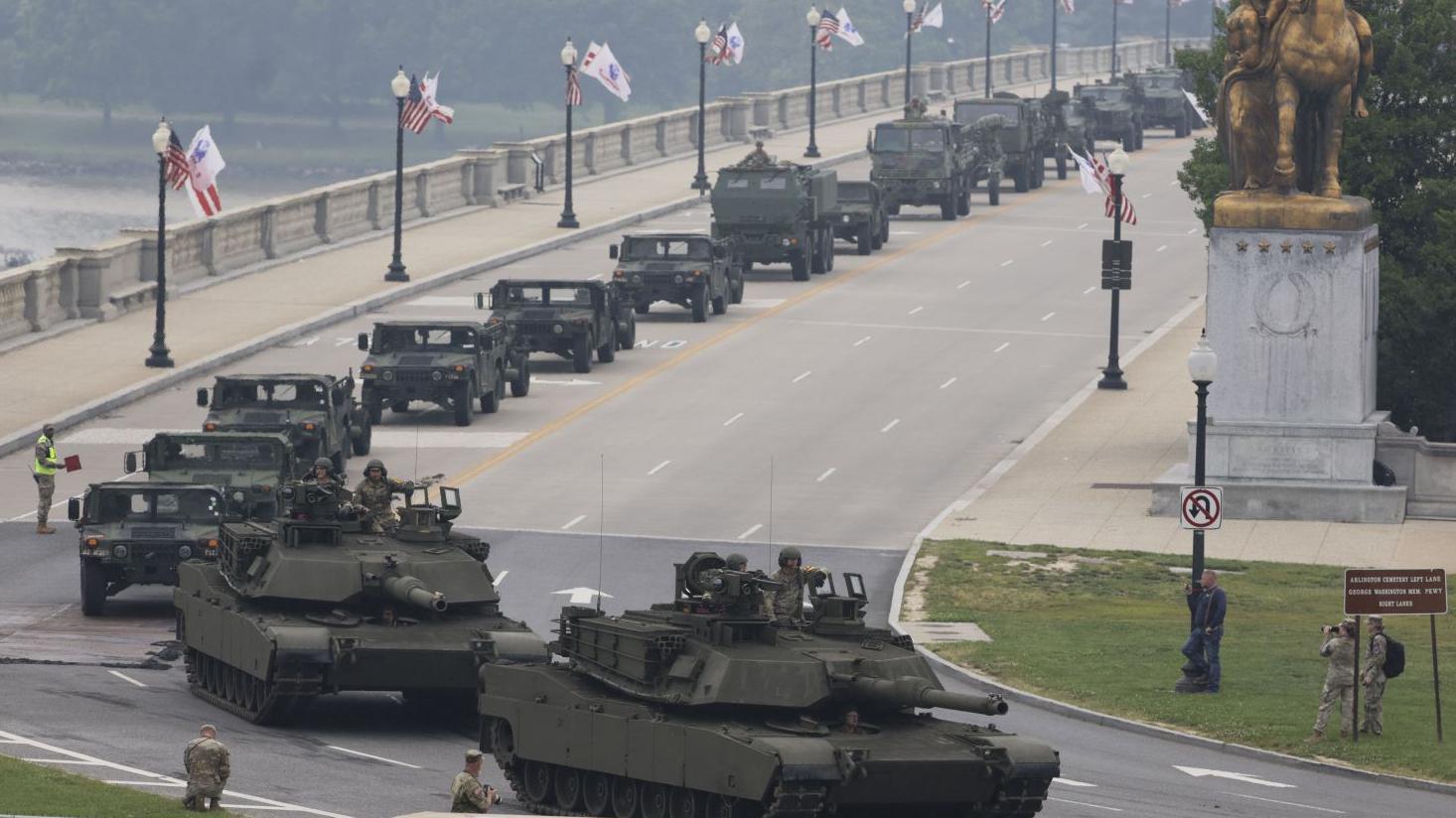 US military vehicles drive over the Memorial Bridge during a military parade commemorating the 250th anniversary of the United States Army in Washington, DC, USA, 14 June 2025. The parade, which happens to coincide with US President Donald Trump's 79th birthday,