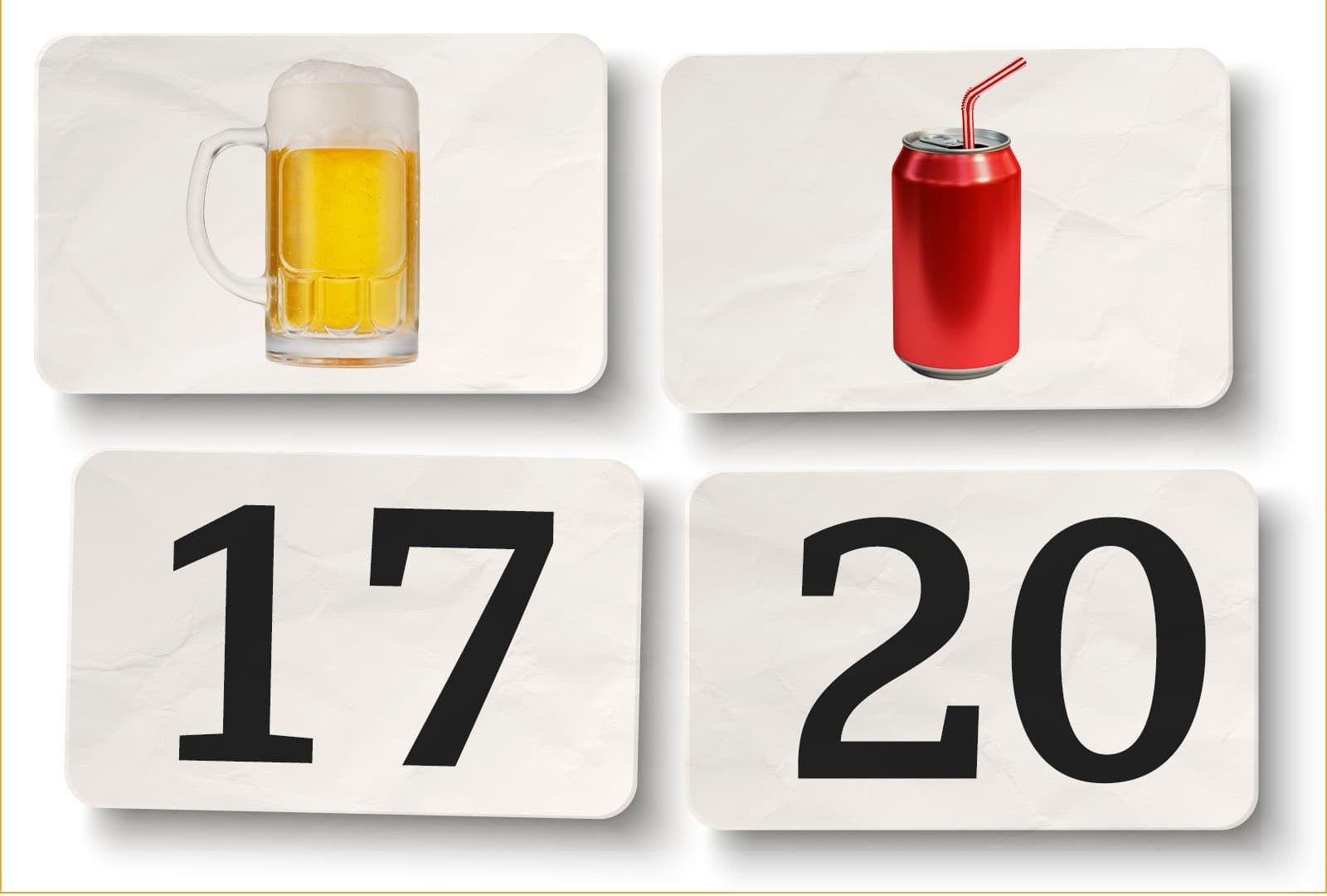 Tarjetas con imágenes de una cerveza, una lata de gaseosa y los números 17 y 20