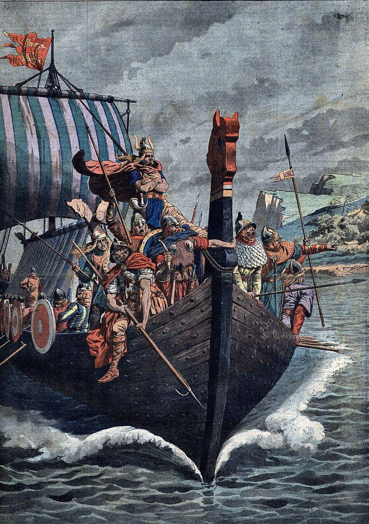 رسم يوضح وصول الفايكيغ إلى شواطئ نورماندي في فرنسا