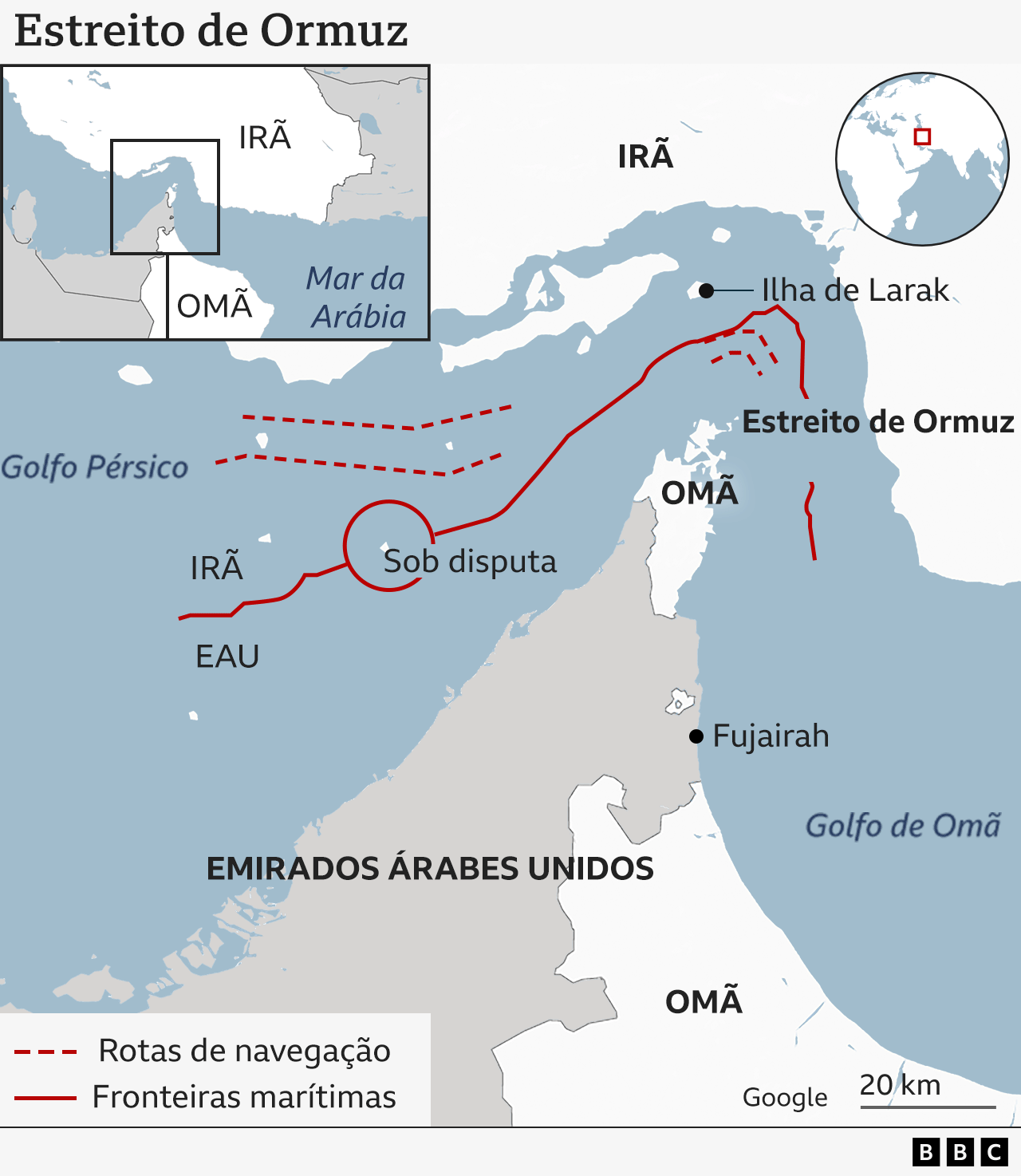 Mapa mostra Estreito de Ormuz