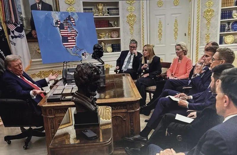 Izmenjena verzija fotografije iz avgusta kada su evropski lideri posetili Vašington posle telefonskog razgovora američkog predsednika sa šefom Kremlja Vladimirom Putinom - na ovoj slici je umeto karte linije fronta u Ukrajini, američka zastava pokriva Severnu Ameriku, Kanadu i Grenland