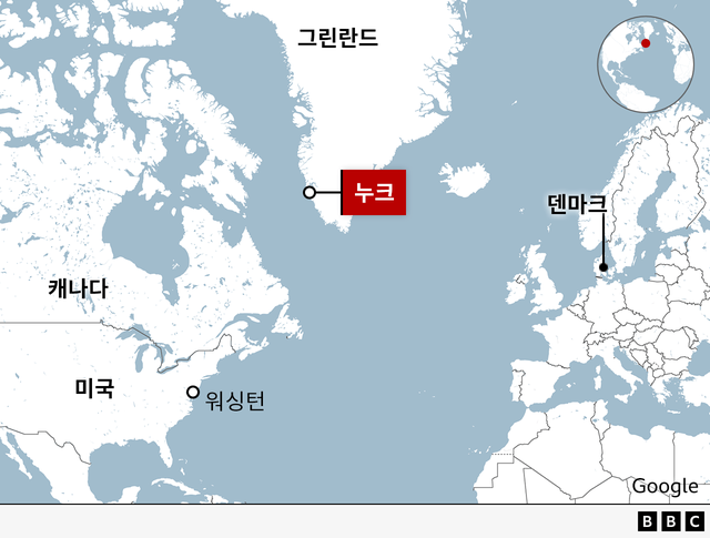 그린란드, 캐나다, 미국, 덴마크의 위치를 표시한 지도
