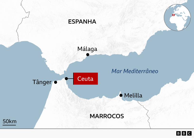 Mapa de parte da Europa e do norte da África, mostrando a localização das cidades de Ceuta e Melilla