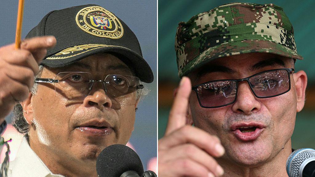 Composición de retratos de Gustavo Petro, a la izquierda, y alias "Iván Mordisco", a la derecha.