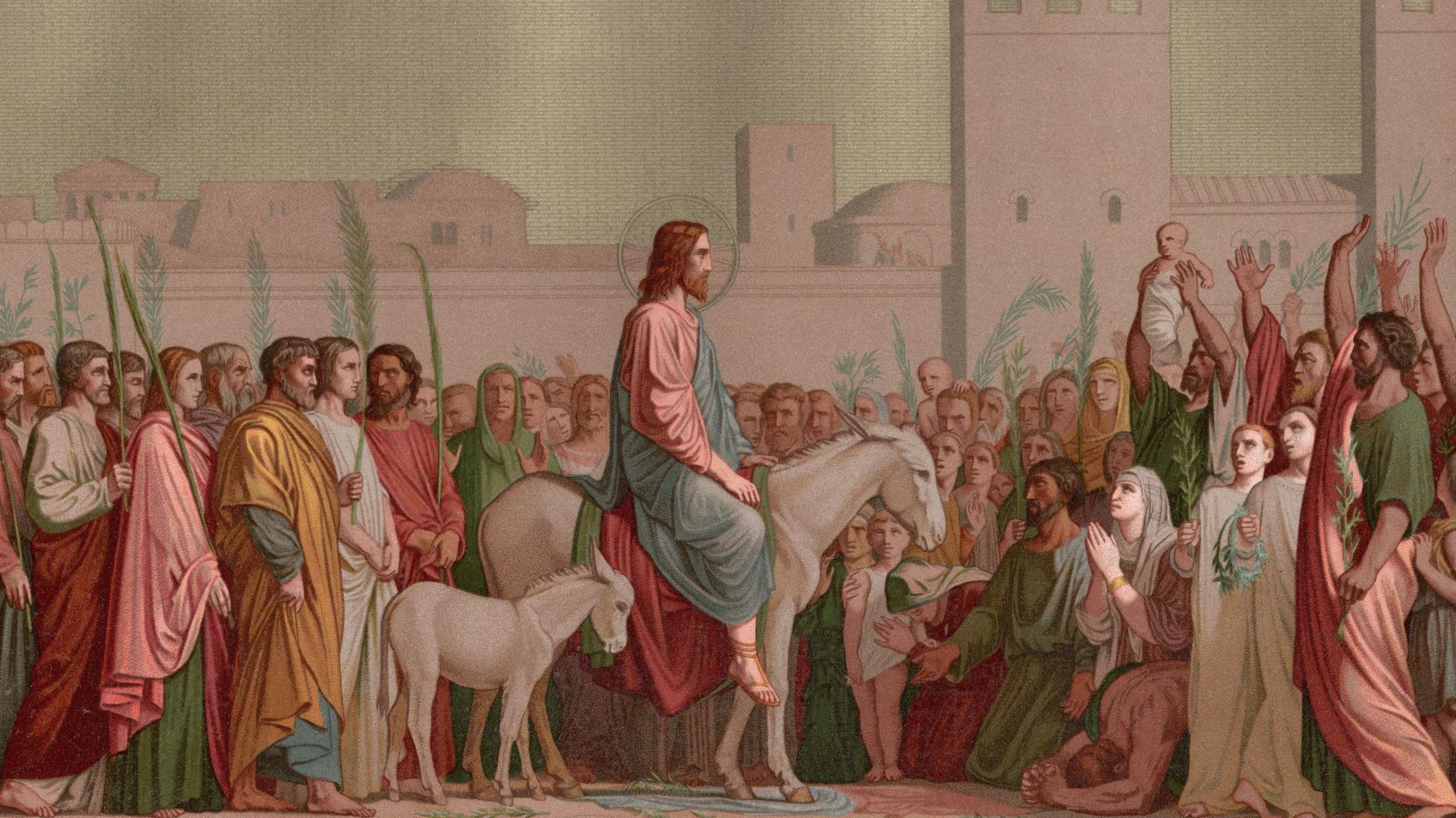 لوحة بعنوان "دخول يسوع أورشليم يوم أحد الشعانين"، مع أعمال هيبوليت فلاندرين عام 1844.