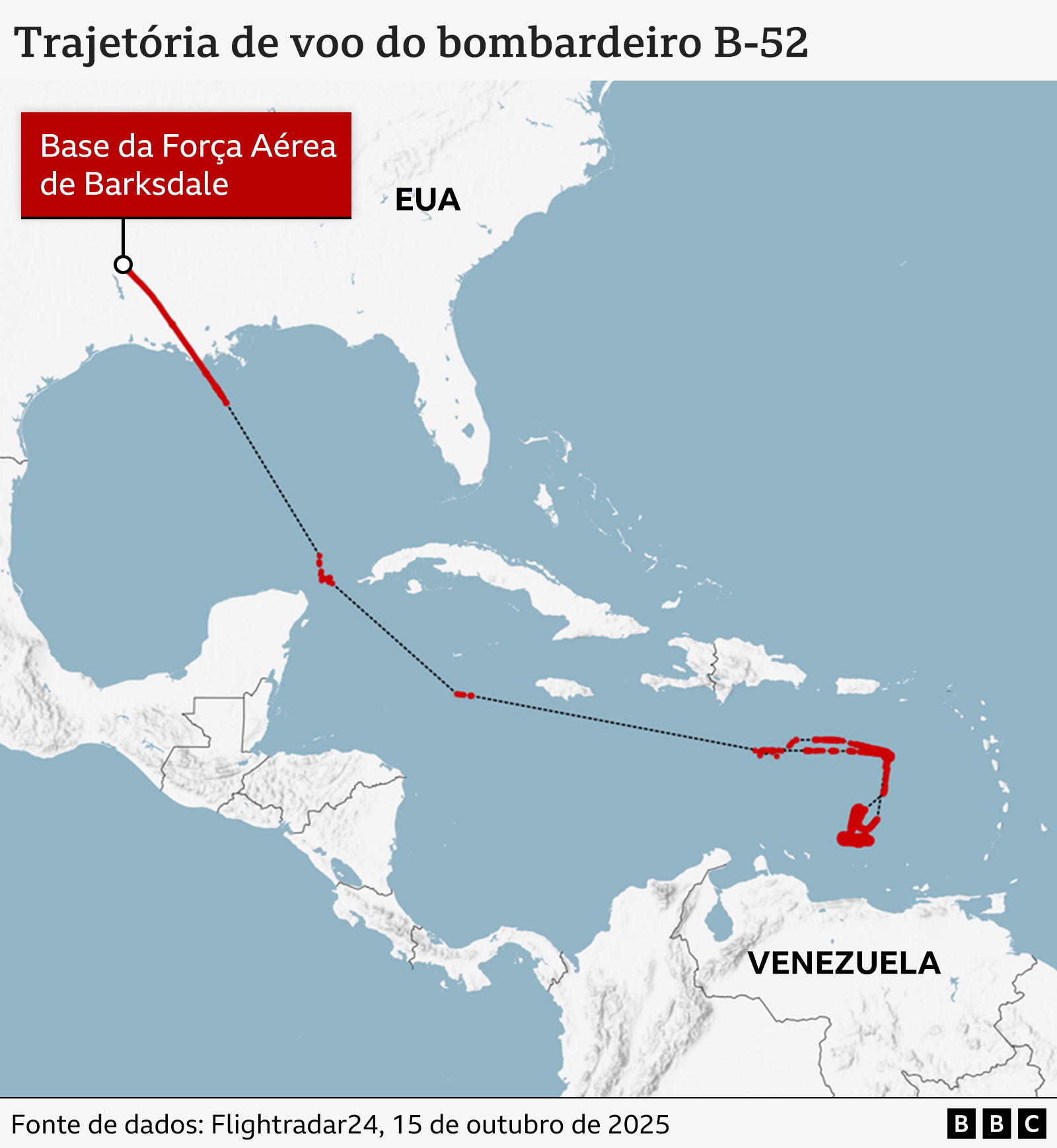 Mapa mostrando a rota de voo dos bombardeiros B-52 dos EUA que partiram dos EUA e voaram perto da costa da Venezuela em outubro.