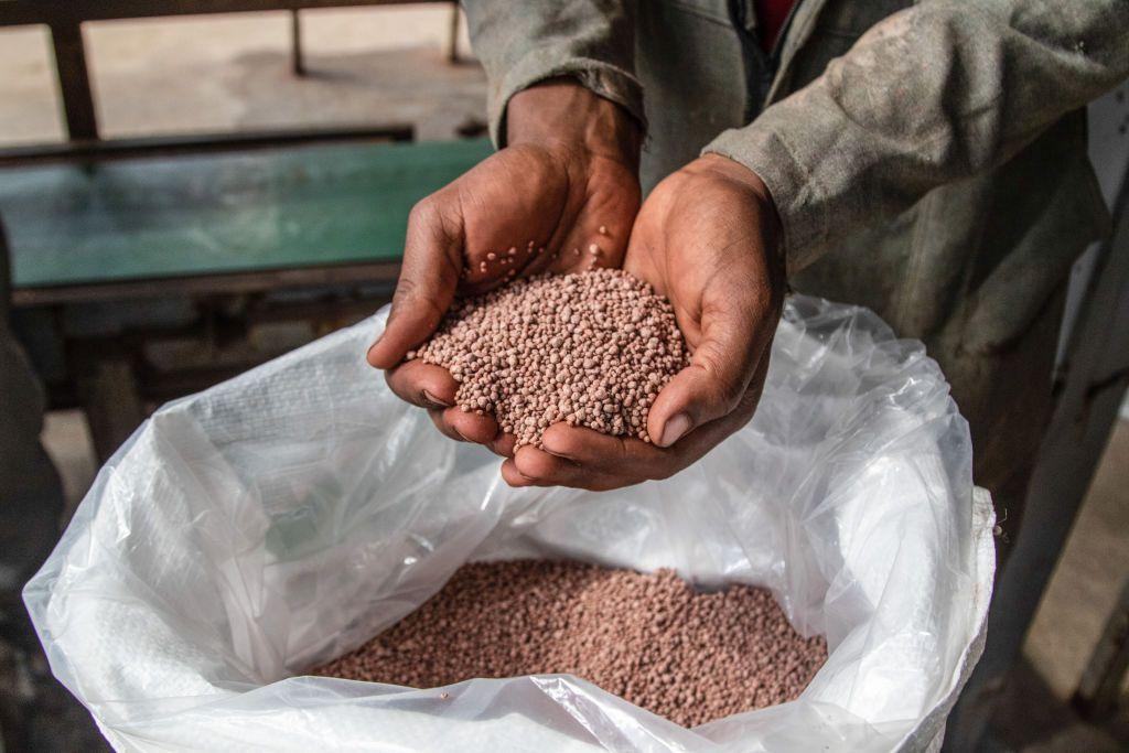 Un saco plástico está abierto y en su interior se ve una especia de arena gruesa de color marrón. Una persona cuyo rostro no se ve tiene sus manos juntas y con ellas sostiene esa especie de arena que es, en realidad, fertilizante.