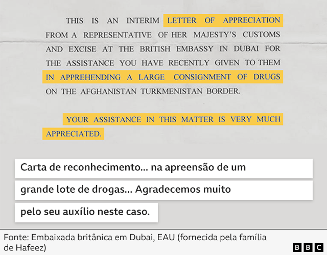 Carta da Embaixada britânica em Dubai, nos Emirados Árabes, agradecendo a Hafeez pelo seu auxílio, que resultou na apreensão de um grande lote de drogas