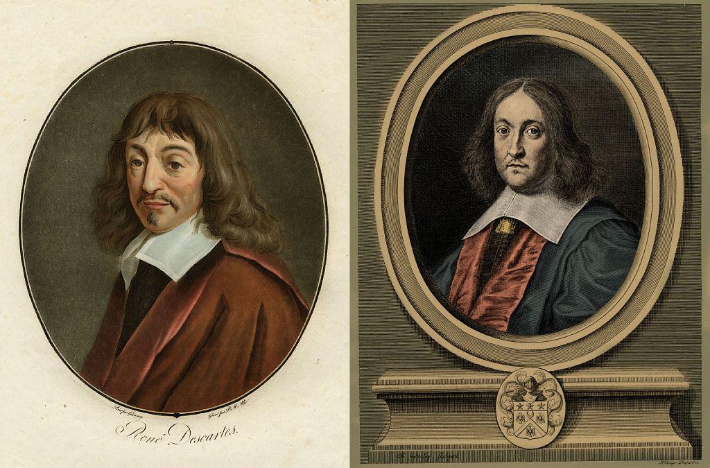 Retratos ovalados de Descartes y Fermat, ambos serios, con cabello oscuro hasta los hombros, bigote y con vestiduras vinotinto y negras, y grandes cuellos blancos. 