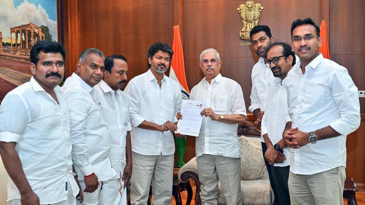 Vijay with Tamil Nadu governor and other TVK party leaders