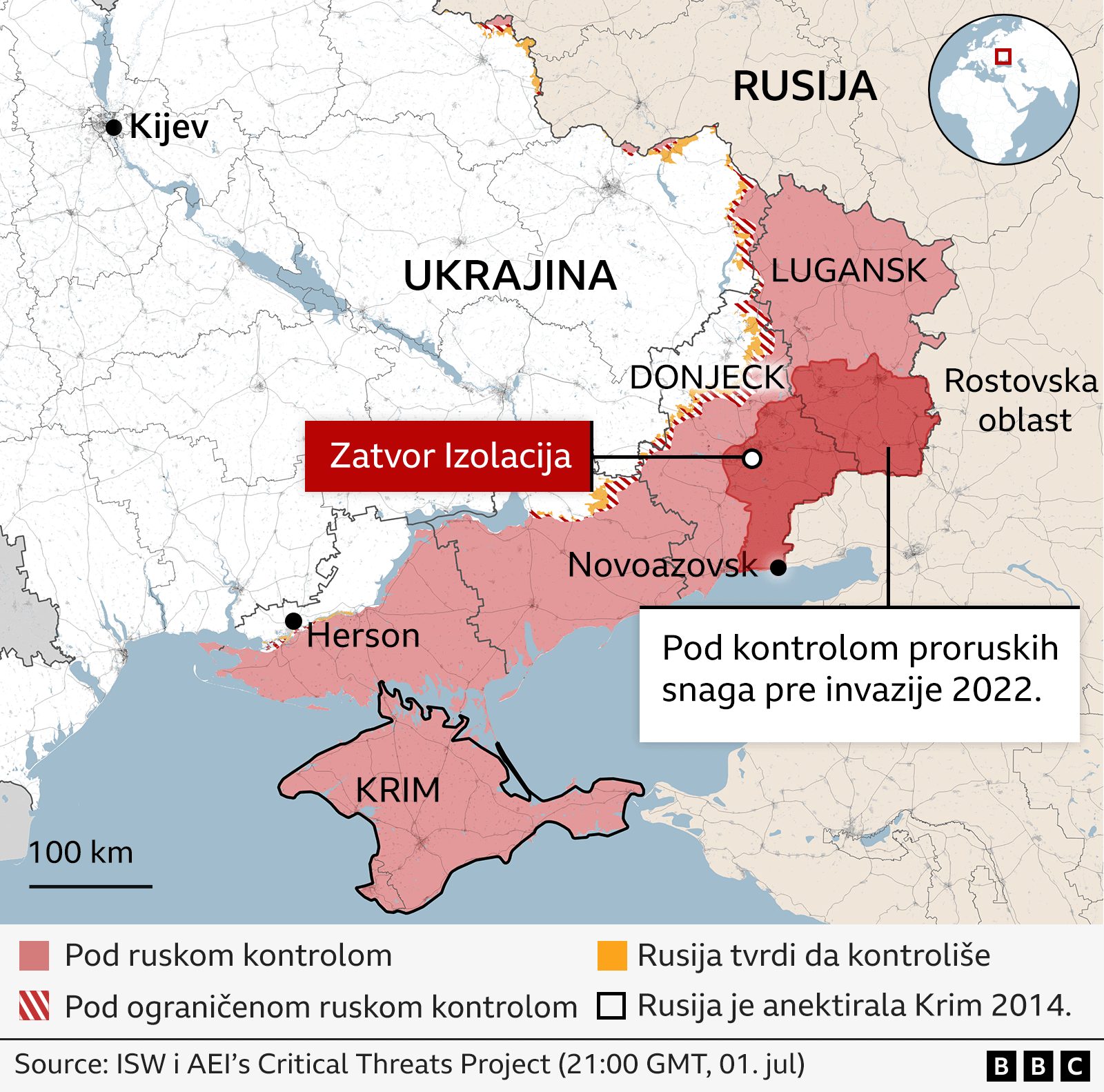 Mapa Ukrajine gde su naznačene oblasti pod ruskom kontrolom, njenom delimičnom, kao i gde je lokacija zatvora Izolacija