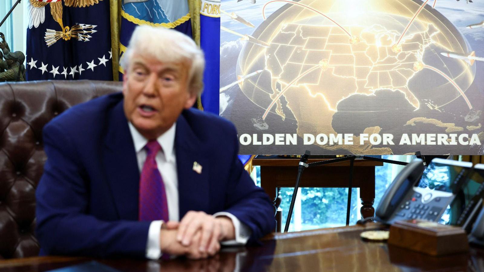 Trump no Sal&atilde;o Oval da Casa Branca durante an&uacute;ncio do 'Domo Dourado'