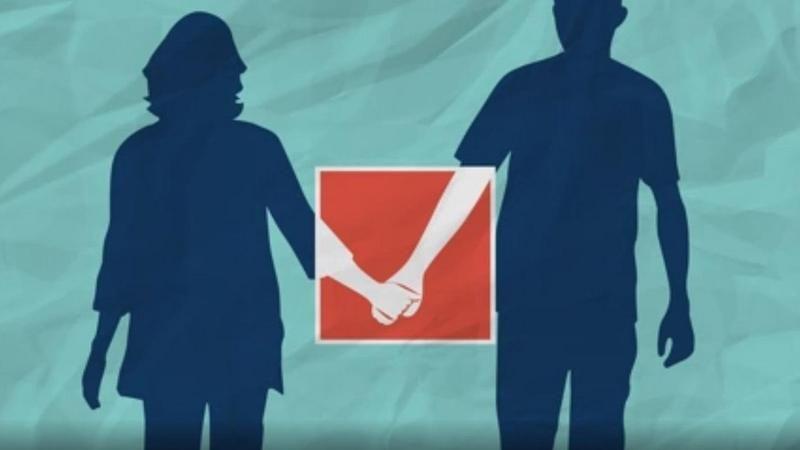 Ilustra&ccedil;&atilde;o mostra casal cm m&atilde;os dadas dentro de um quadrado