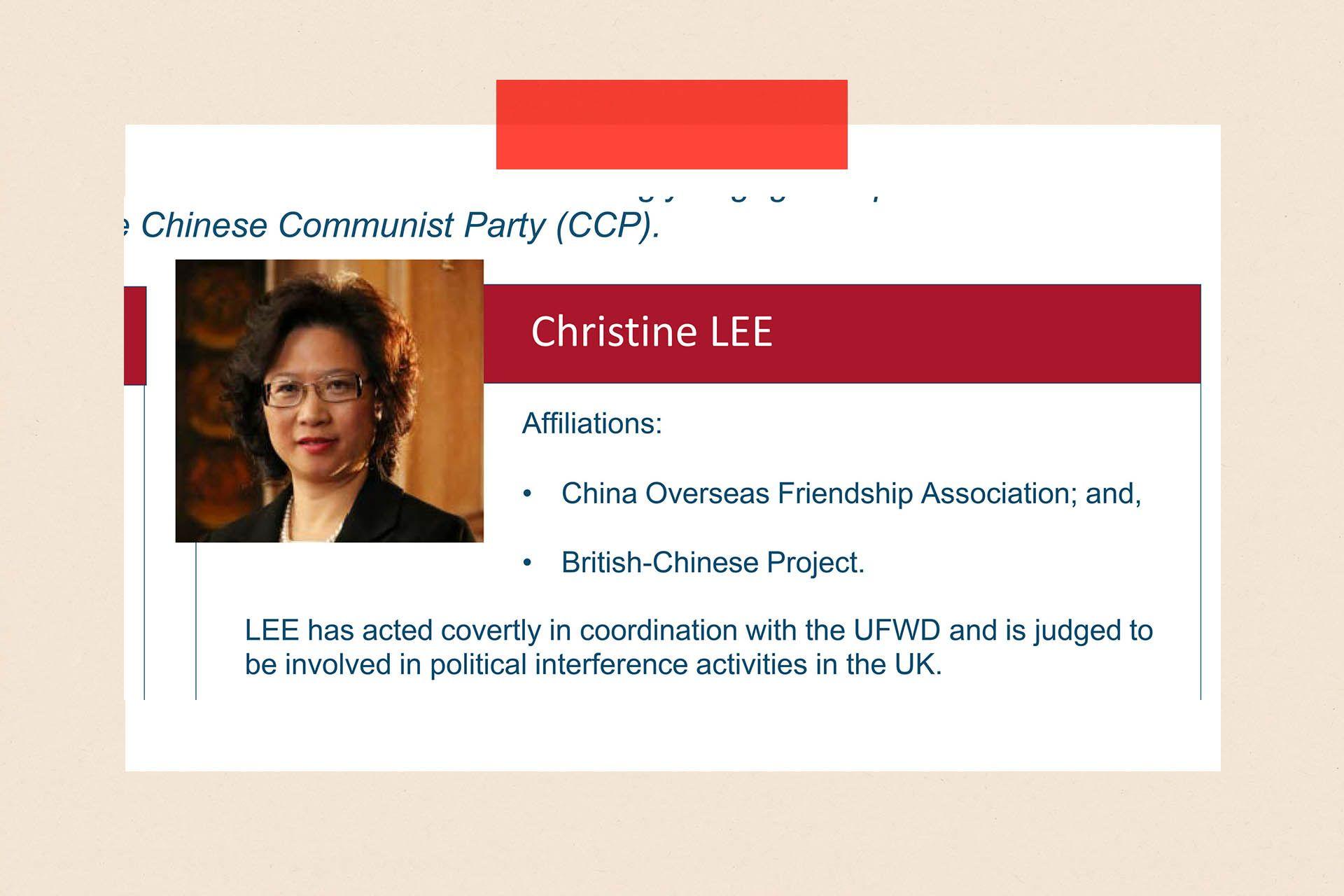 A screengrab from a website showing Christine Lee