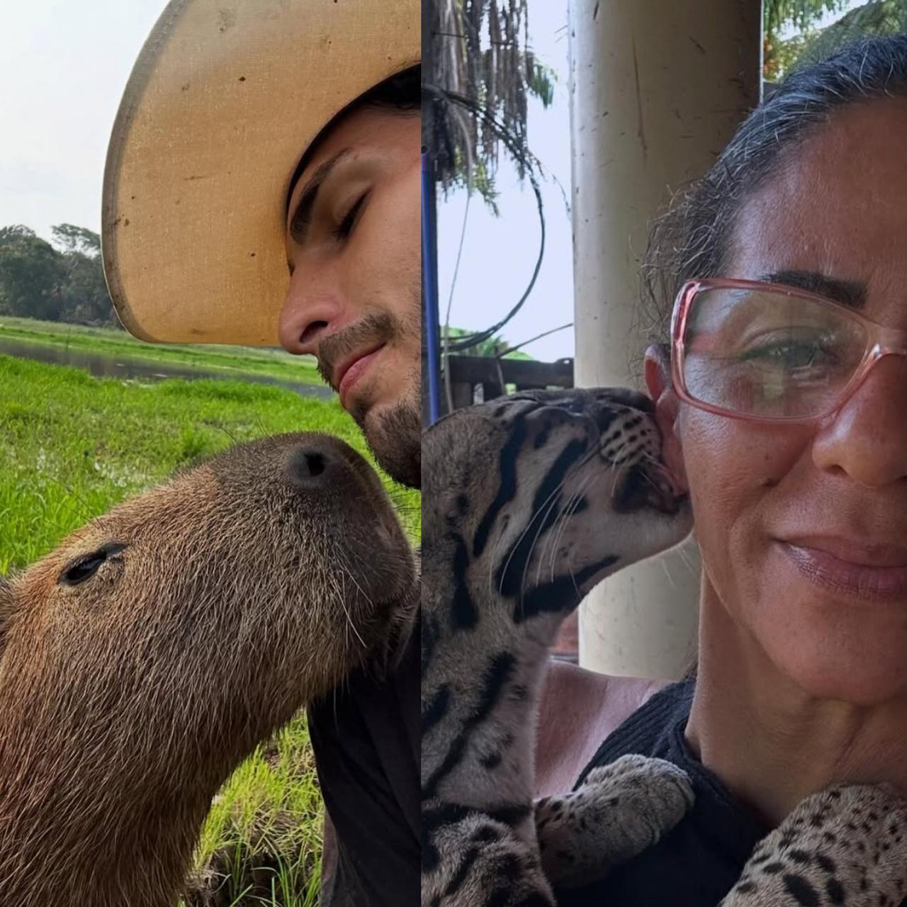 Uma capivara (Filó) e uma jaguatirica (Pituca) com seus respectivos 'criadores'