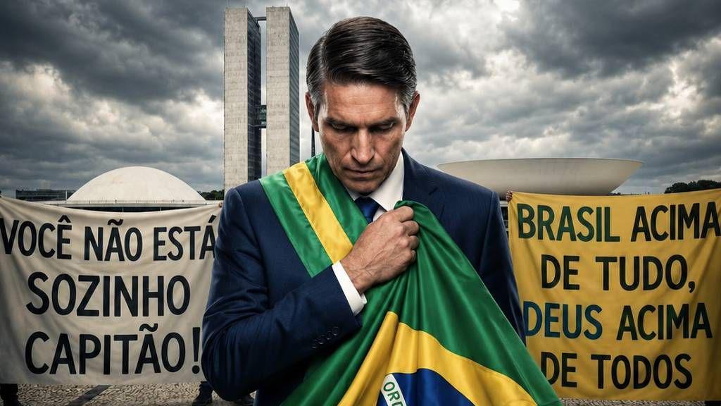 A imagem mostra um homem de terno escuro usando a faixa presidencial e segurando uma bandeira do Brasil junto ao peito, com a cabe&ccedil;a baixa. Ao fundo, aparecem o Congresso Nacional, em Bras&iacute;lia, al&eacute;m de faixas com as frases &ldquo;Voc&ecirc; n&atilde;o est&aacute; sozinho, capit&atilde;o!&rdquo; e &ldquo;Brasil acima de tudo, Deus acima de todos&rdquo;.