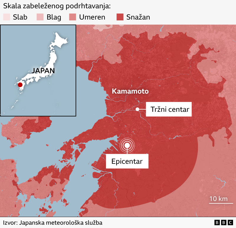 Mapa Japana sa tačkama gde je bilo podrhtavanja tla