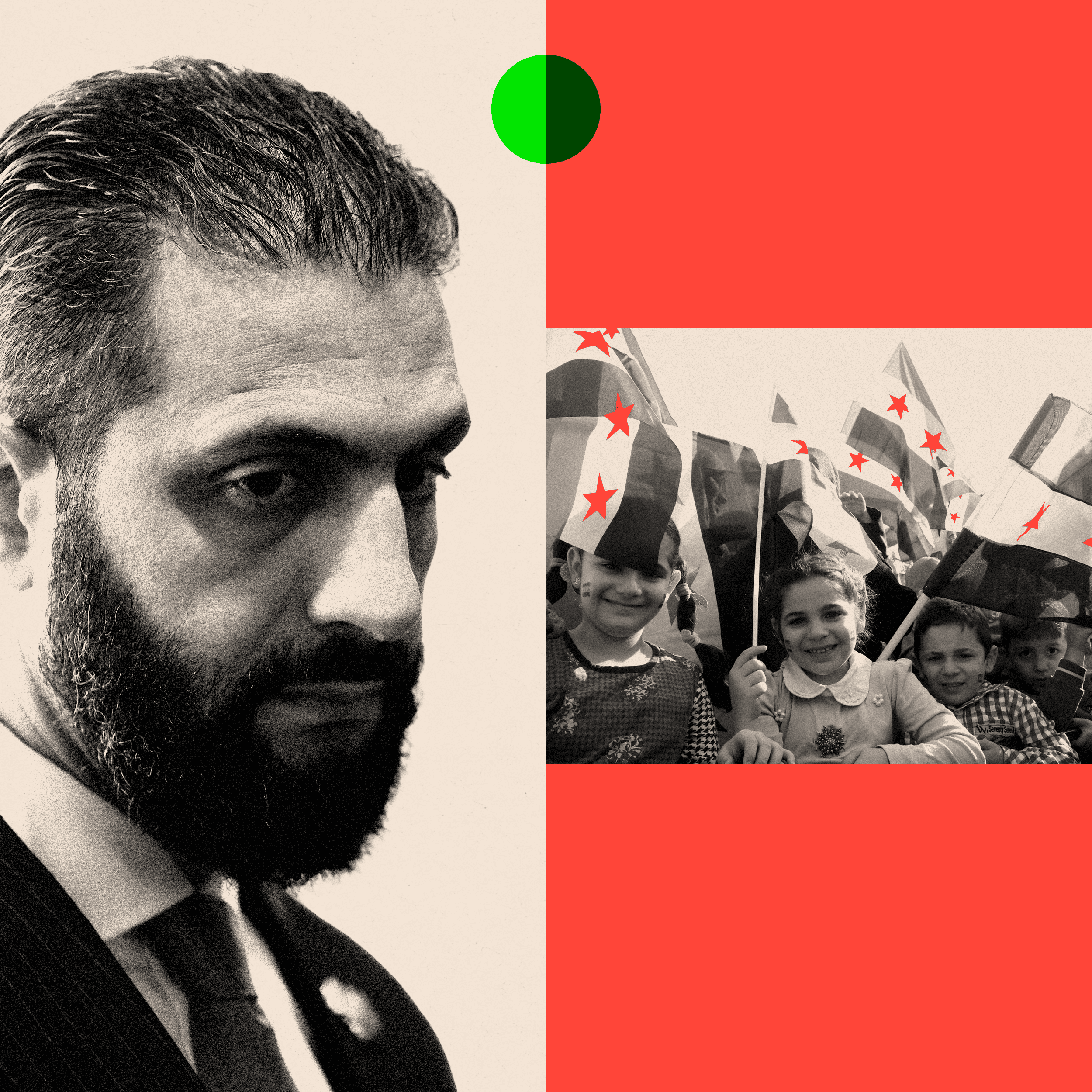 Syrian President Ahmed al-Sharaa and a different image of people carrying Syrian flags