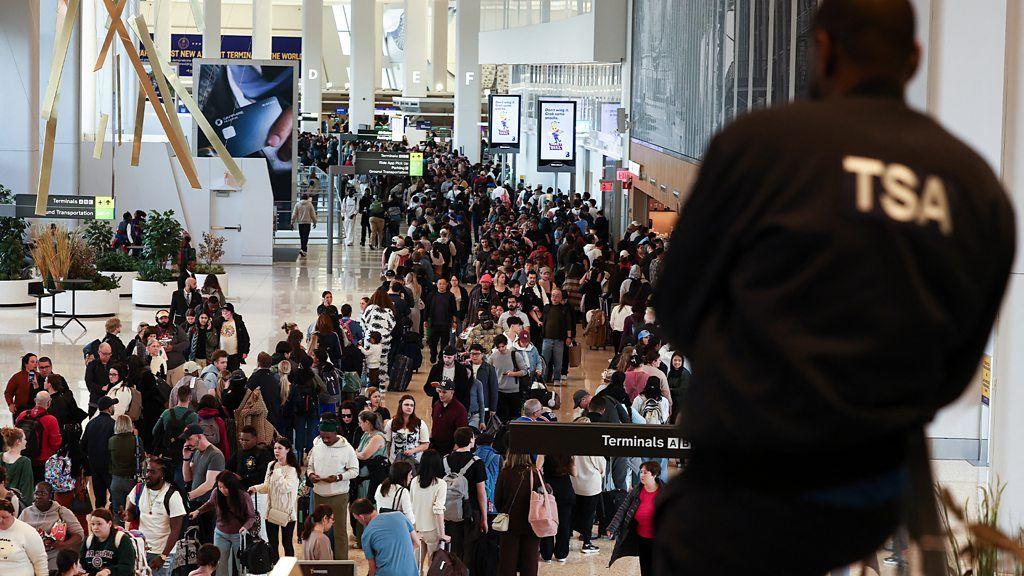 Longas filas de pessoas em um aeroporto, observadas por um fiscal da TSA de costas para a c&acirc;mera