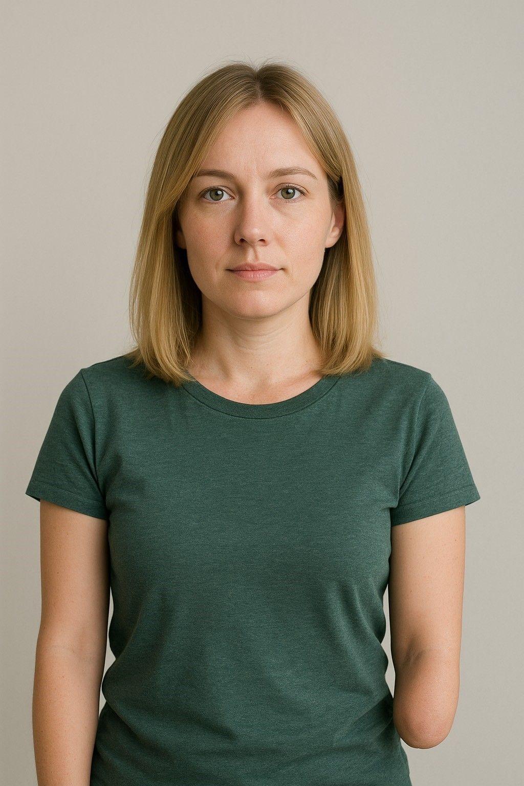 Imagem criada por IA de uma mulher com cabelo loiro na altura dos ombros, camisa verde e com metade do braço esquerdo, até o cotovelo