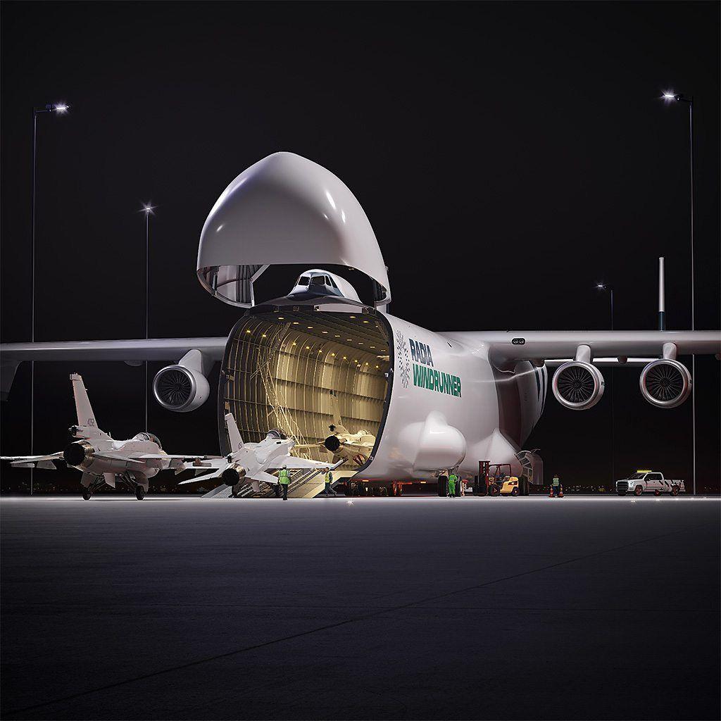 Imagen conceptual que muestra un avión WindRunner siendo cargado con aviones caza.