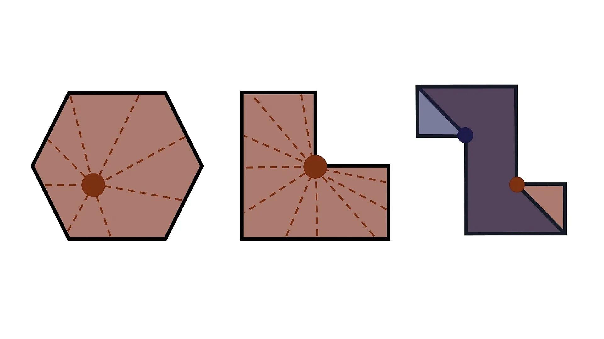 Tres imágenes geométricas que representan el plan de piso de tres diferentes galerías de arte.