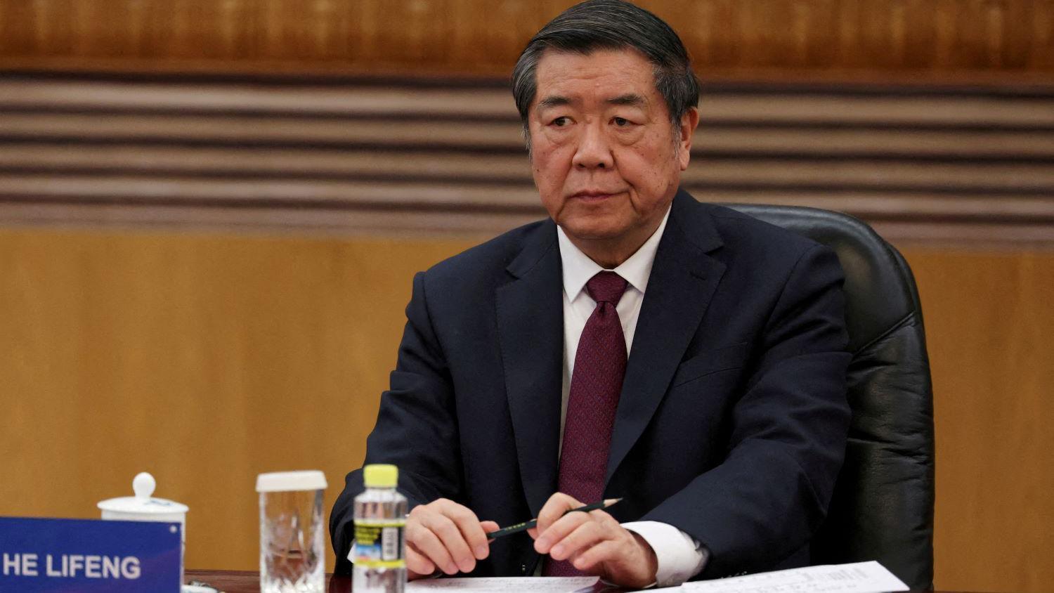 FILE PHOTO: Chinese Vice Premier He Lifeng attends a meeting with global business leaders at the Great Hall of the People in Beijing, China, March 28, 2025.