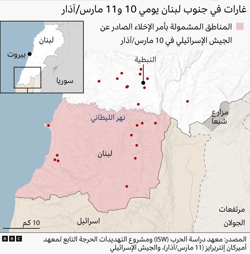 خريطة تُظهر الضربات في جنوب لبنان يومي 10 و11 مارس/آذار، وتبيّن الحدود مع إسرائيل، مع نقاط حمراء متعددة تشير إلى مواقع الغارات. وتظهر مساحة كبيرة مظللة باللون الوردي تمثل المنطقة المشمولة بأمر الإخلاء الذي أصدره الجيش الإسرائيلي في 10 مارس/آذار، وتمتد من ساحل البحر المتوسط إلى الداخل متجاوزة نهر الليطاني. وتظهر مدينة النبطية شمال منطقة الإخلاء، مع تجمع لعدد من علامات الضربات في محيطها. وتشير الخريطة إلى أن مصدرها معهد دراسة الحرب (ISW) ومشروع التهديدات الحرجة التابع لمعهد أميركان إنتربرايز (11 مارس/آذار) والجيش الإسرائيلي.