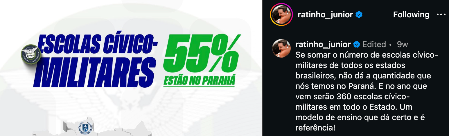 Publica&ccedil;&atilde;o do governador Ratinho J&uacute;nior no Instagram destaca escolas c&iacute;vico-militares no Paran&aacute;