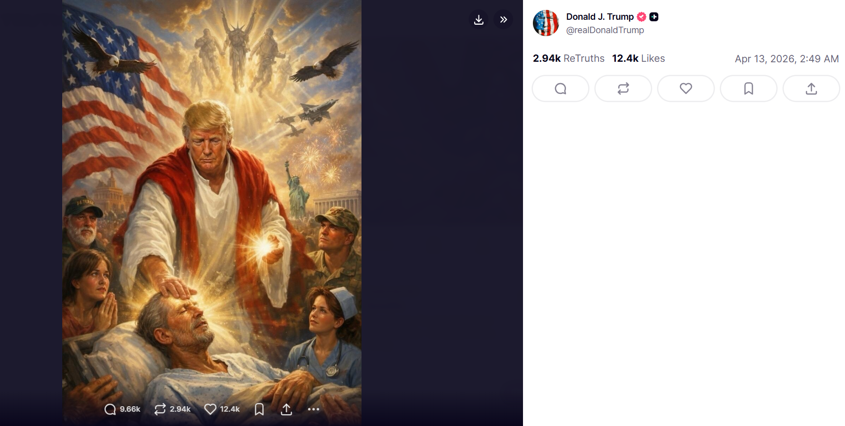 Postagem de Trump na rede social Truth Social com imagem gerada por IA em que ele aparecesse como se fosse Jesus curando um doente